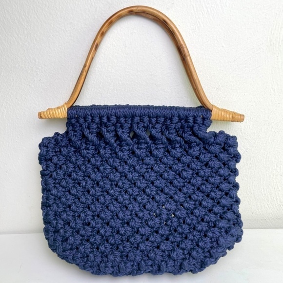 Handmade Bohemian Boho Minimalist Neutral Woven Macrame Shoulder bag Wood Handle - Picture 2 of 8